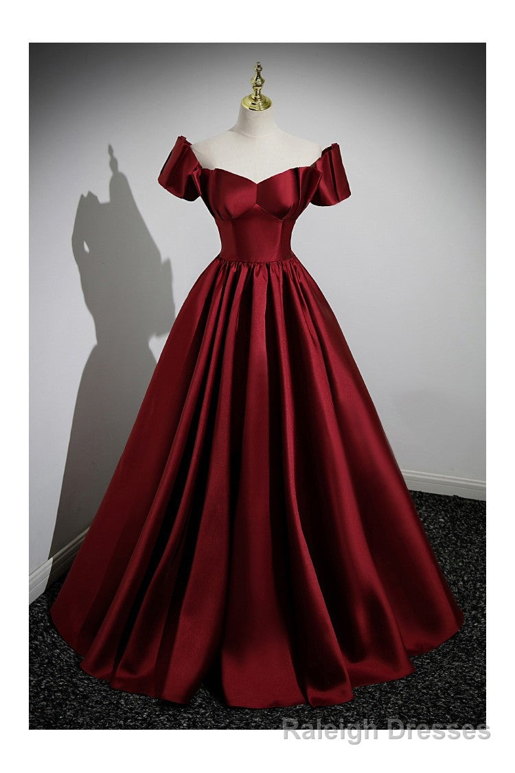 Simple Satin Burgundy Long Prom Gowns with Short Sleeves Main image