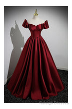 Simple Satin Burgundy Long Prom Gowns with Short Sleeves