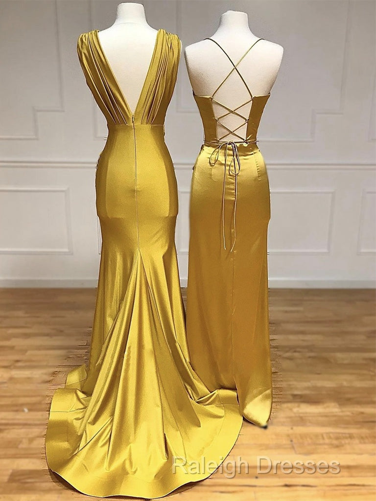 Simple Satin Gold Long Prom Dress, Gold Satin Long Formal Dress