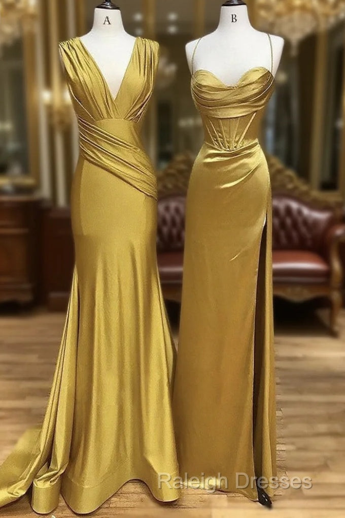 Simple Satin Gold Long Prom Dress, Gold Satin Long Formal Dress Main image