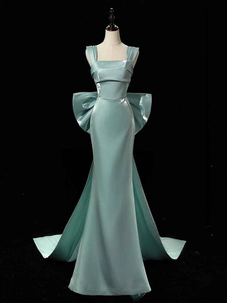 Simple Satin Green Long Formal Prom Dress, Green Long Formal Dress With Bow Tie