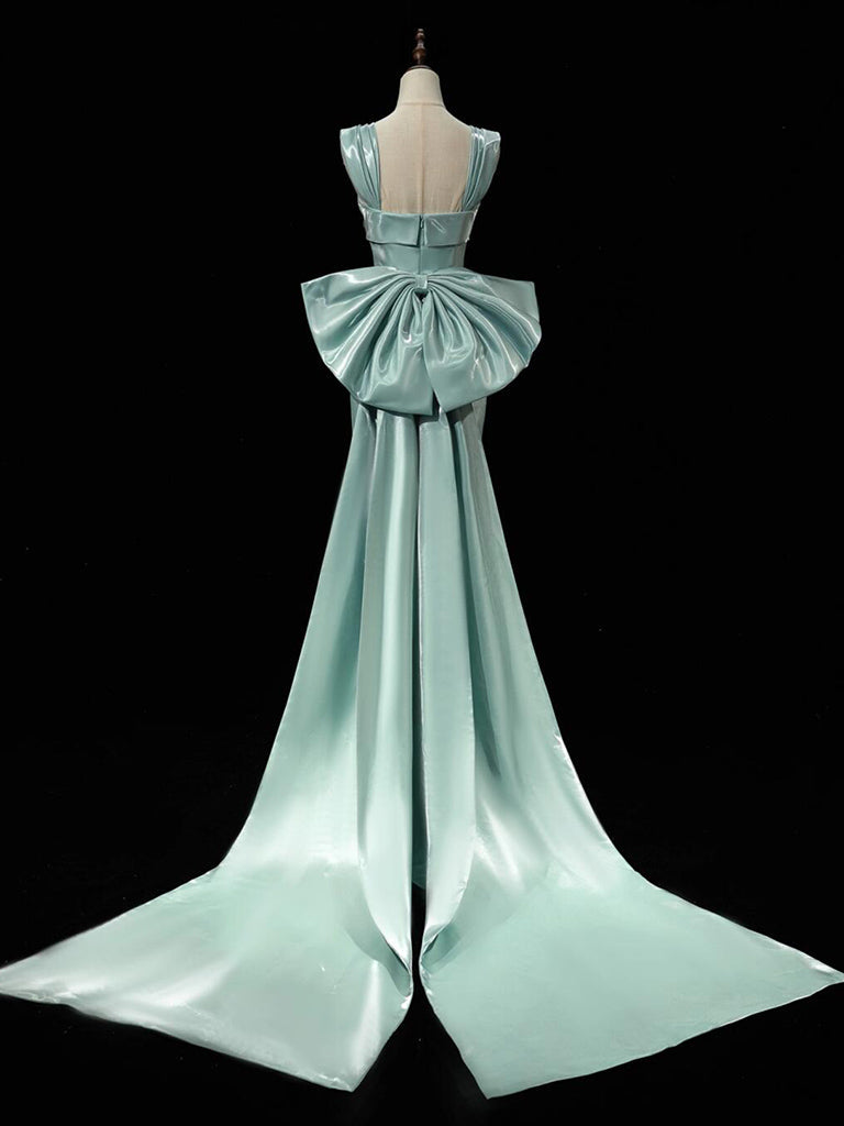 Simple Satin Green Long Formal Prom Dress, Green Long Formal Dress With Bow Tie Secondary image