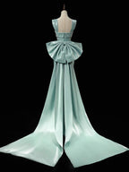 Simple Satin Green Long Formal Prom Dress, Green Long Formal Dress With Bow Tie