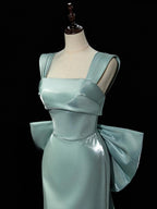Simple Satin Green Long Formal Prom Dress, Green Long Formal Dress With Bow Tie