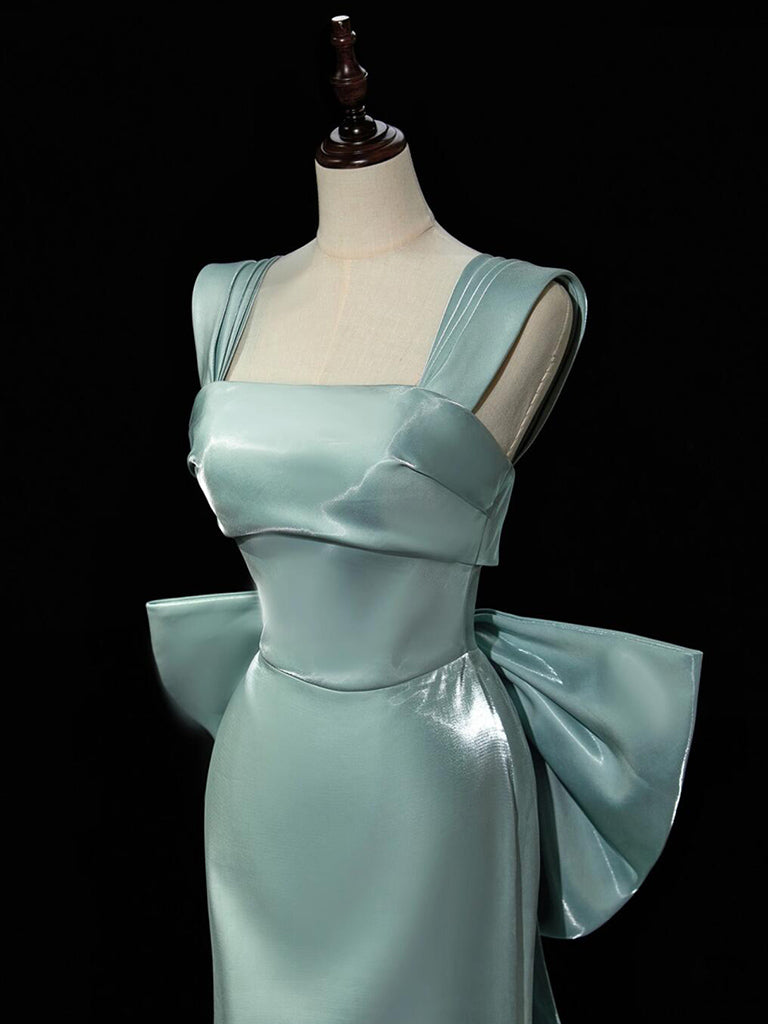Simple Satin Green Long Formal Prom Dress, Green Long Formal Dress With Bow Tie