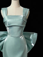 Simple Satin Green Long Formal Prom Dress, Green Long Formal Dress With Bow Tie