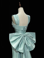 Simple Satin Green Long Formal Prom Dress, Green Long Formal Dress With Bow Tie