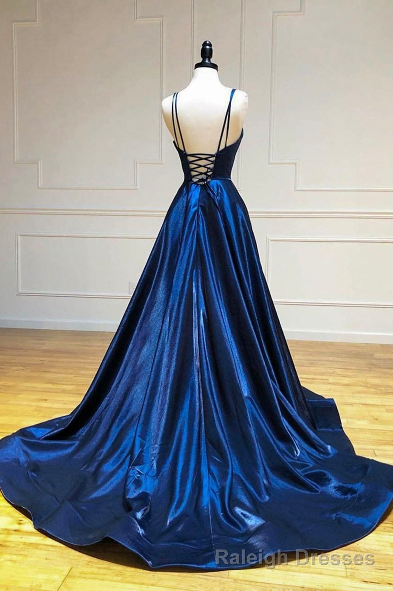 Simple Satin Long A Line Prom Dress, Blue Spaghetti Strap Prom Prom Dress