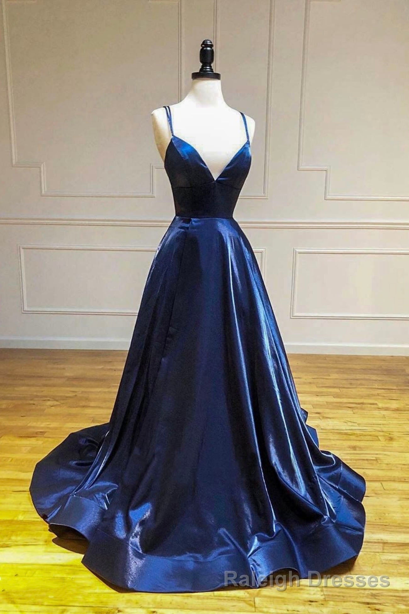 Simple Satin Long A-Line Prom Dress, Blue Spaghetti Strap Evening Party Dress Main image