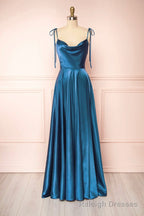 Simple Satin Long A Line Prom Dress, Spaghetti Straps Prom Dress