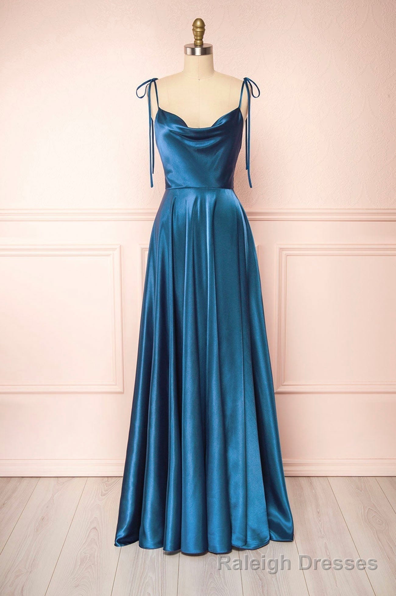 Simple Satin Long A Line Prom Dress, Spaghetti Straps Prom Dress