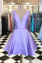 Simple Satin Short Prom Dresses Lavender Homecoming Dresses