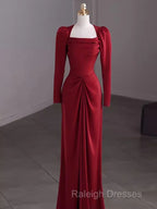 Simple Sheath Long Sleeves Red Prom Dress Evening Dress