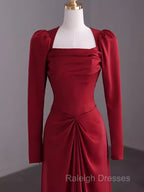 Simple Sheath Long Sleeves Red Prom Dress Evening Dress