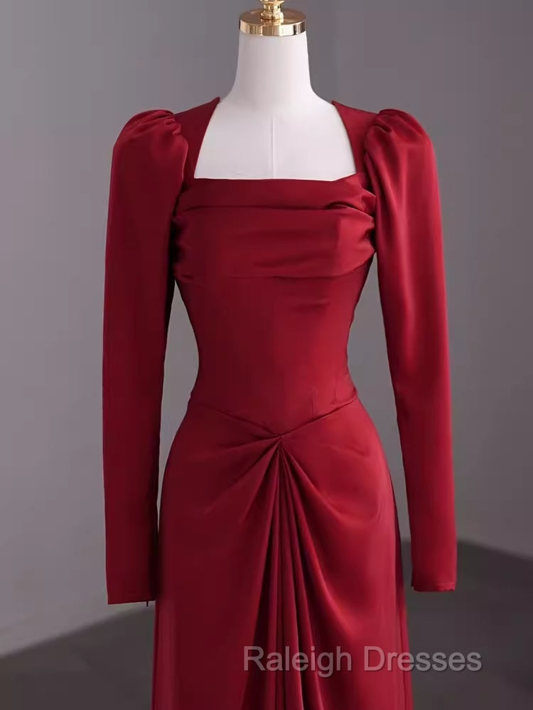 Simple Sheath Long Sleeves Red Prom Dress Evening Dress