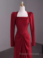Simple Sheath Long Sleeves Red Prom Dress Evening Dress