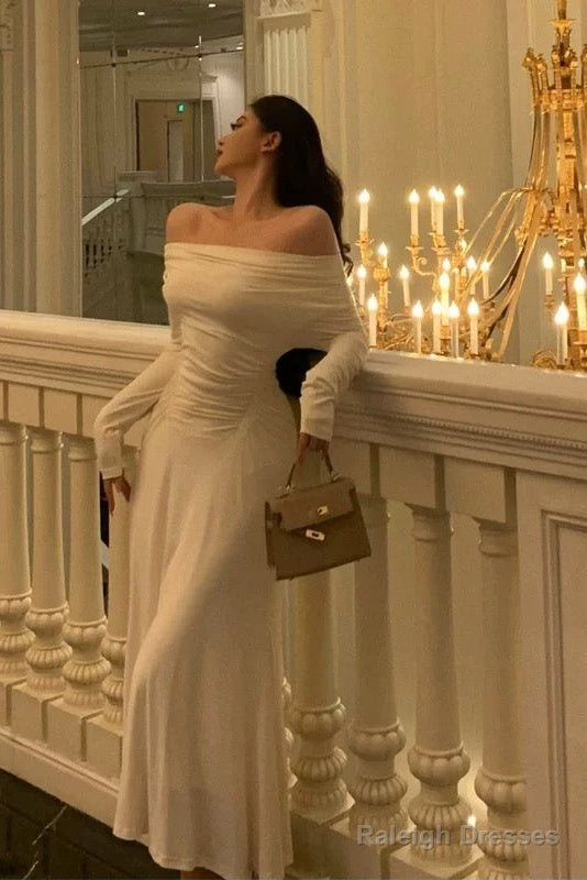 Simple Sheath Off The Shoulder Long Sleeves Ivory Prom Dresses Birthday Outfits Evening Gown Main image