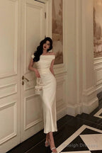 Simple Sheath Off The Shoulder White Satin Date Night Dress Prom Dresses Birthday Outfit