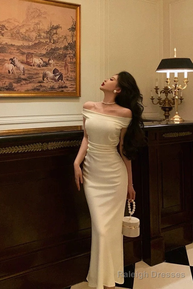 Simple Sheath Off The Shoulder White Satin Date Night Dress Prom Dresses Birthday Outfit