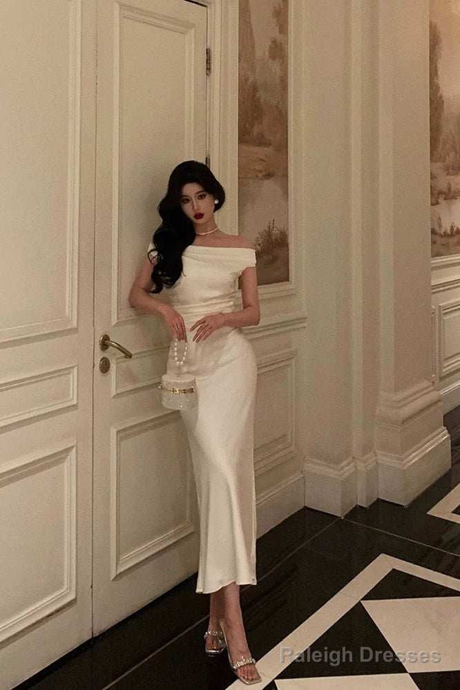 Simple Sheath Off The Shoulder White Satin Date Night Dress Prom Dresses Birthday Outfit Main image