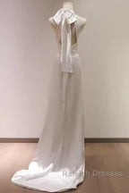 Simple Sheath Satin White Long Wedding Dresses Backless Brides Dress