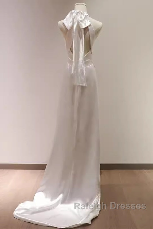 Simple Sheath Satin White Long Wedding Dresses Backless Brides Dress