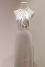 Simple Sheath Satin White Long Wedding Dresses Backless Brides Dress