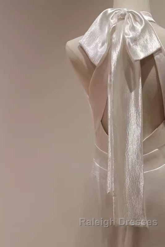 Simple Sheath Satin White Long Wedding Dress Backless Brides Dresses