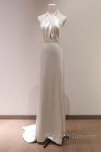 Simple Sheath Satin White Long Wedding Dresses Backless Brides Dress