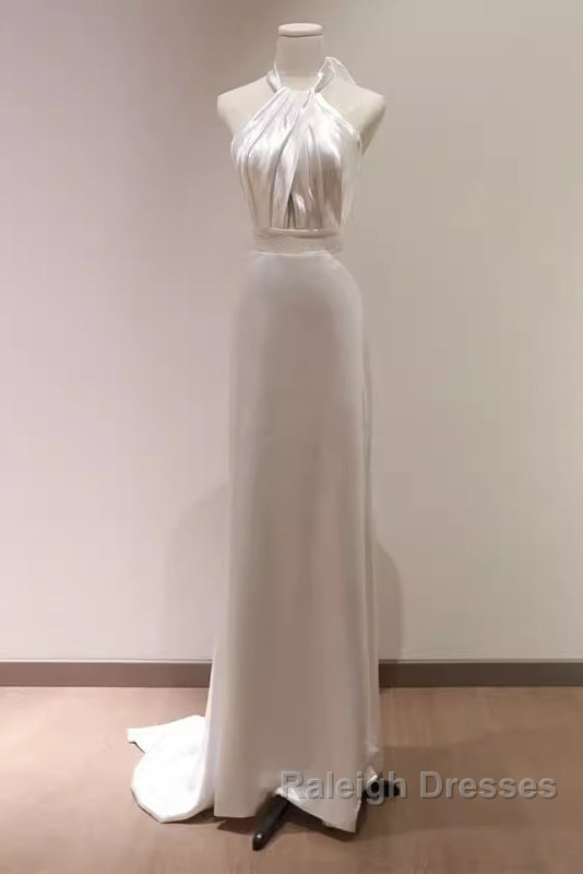 Simple Sheath Satin White Long Wedding Dresses Backless Brides Dress