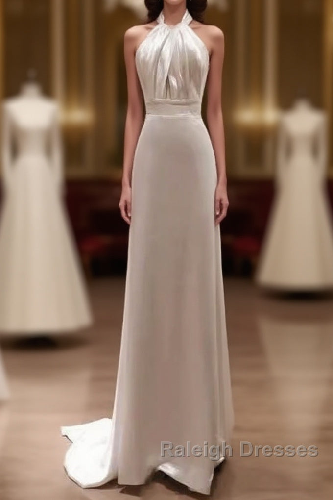 Simple Sheath Satin White Long Wedding Dresses Backless Brides Dress Main image