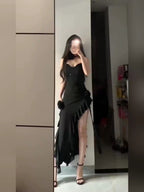 Simple Sheath Spaghetti Straps Black Satin Vacation Beach Dresses Long Birthday Dress