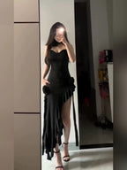 Simple Sheath Spaghetti Straps Black Satin Vacation Beach Dresses Long Birthday Dress