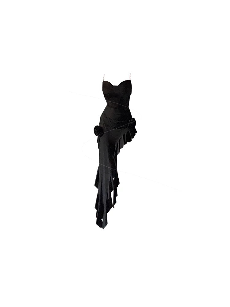 Simple Sheath Spaghetti Straps Black Satin Vacation Beach Dresses Long Birthday Dress