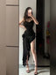 Simple Sheath Spaghetti Straps Black Satin Vacation Beach Dresses Long Birthday Dress