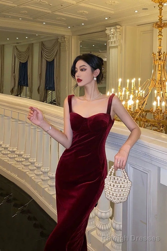 Simple Sheath Straps Burgundy Velvet Date Night Dress Prom Dresses Birthday Outfit Secondary image