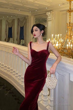 Simple Sheath Straps Burgundy Velvet Date Night Dress Prom Dresses Birthday Outfit