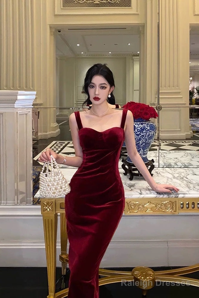 Simple Sheath Straps Burgundy Velvet Date Night Dress Prom Dresses Birthday Outfit