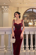Simple Sheath Straps Burgundy Velvet Date Night Dress Prom Dresses Birthday Outfit