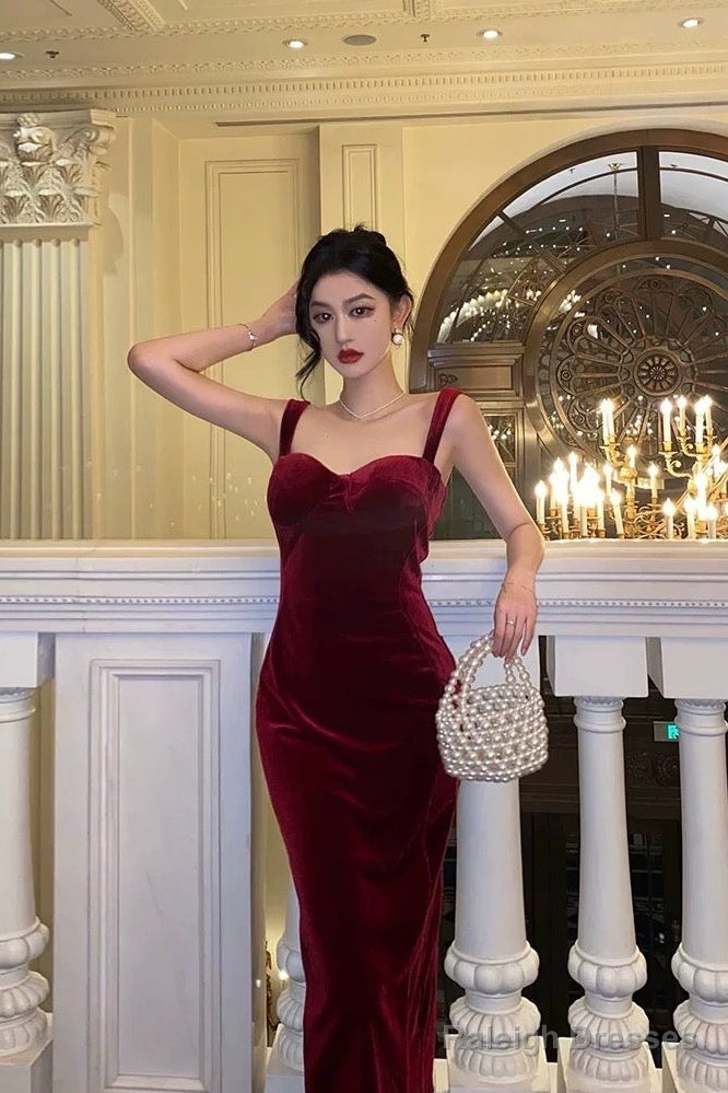 Simple Sheath Straps Burgundy Velvet Date Night Dress Prom Dresses Birthday Outfit
