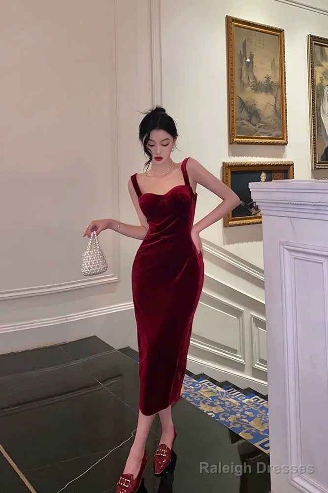 Simple Sheath Straps Burgundy Velvet Date Night Dress Prom Dresses Birthday Outfit