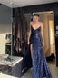 Simple Sheath Straps Long Navy Blue Slit Sequin Prom Dresses