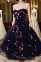 Simple Short Black Tulle Party Dress With Floral, Lovely Short Prom Dress