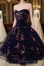 Simple Short Black Tulle Prom Dresses With Floral Lovely Short Prom Dresses