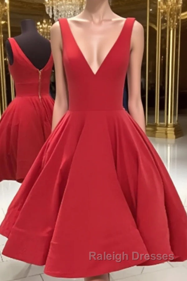 Simple Short V Neck Red Satin Prom Dress Short Red Prom Homecoming Dress