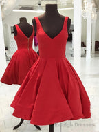 Simple Short V Neck Yellow Red Satin Prom Dresses, Short Red Yellow Formal Homecoming Dresses