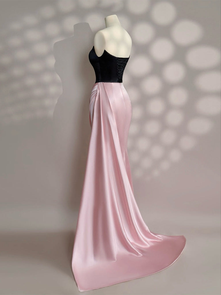 Simple Slit Pleated Mermaid Satin Sweep Train Pink Long Formal Prom Dress