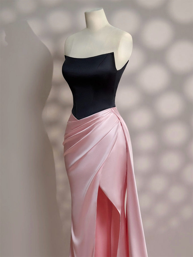 Simple Slit Pleated Mermaid Satin Sweep Train Pink Long Formal Prom Dress