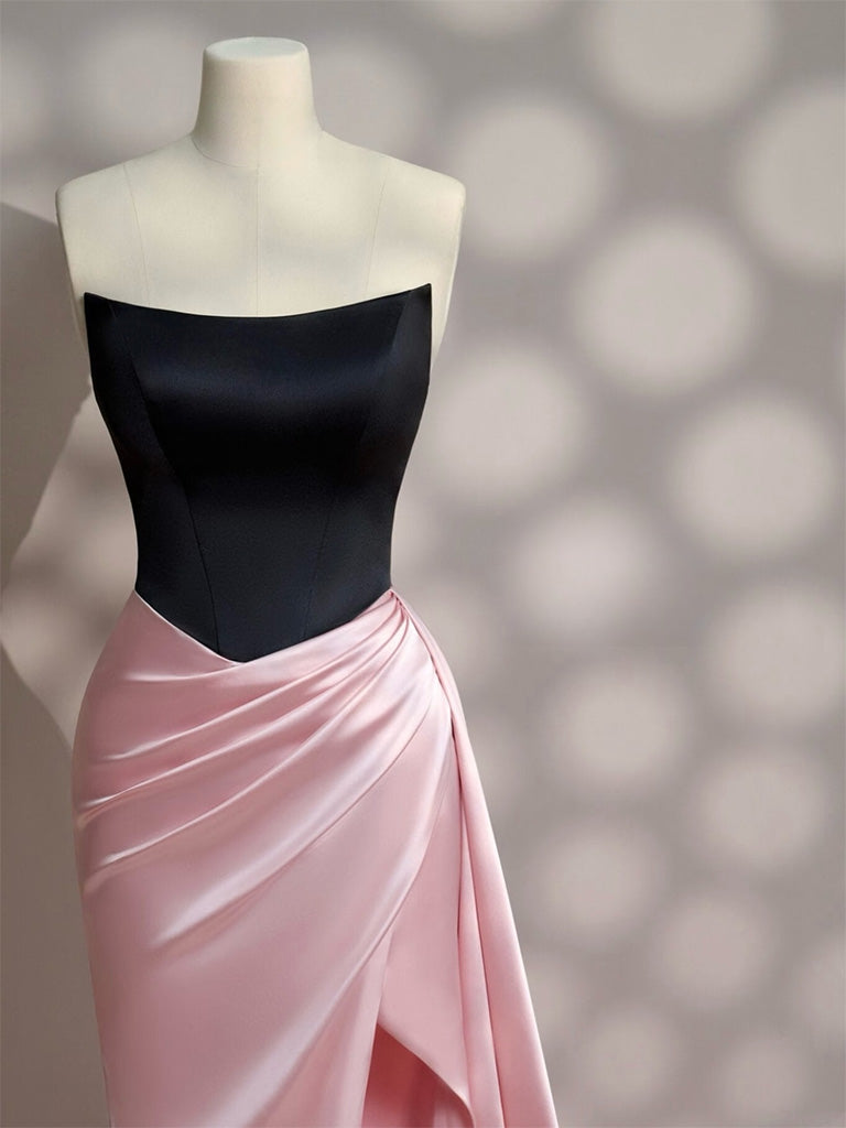 Simple Slit Pleated Mermaid Satin Sweep Train Pink Long Formal Prom Dress