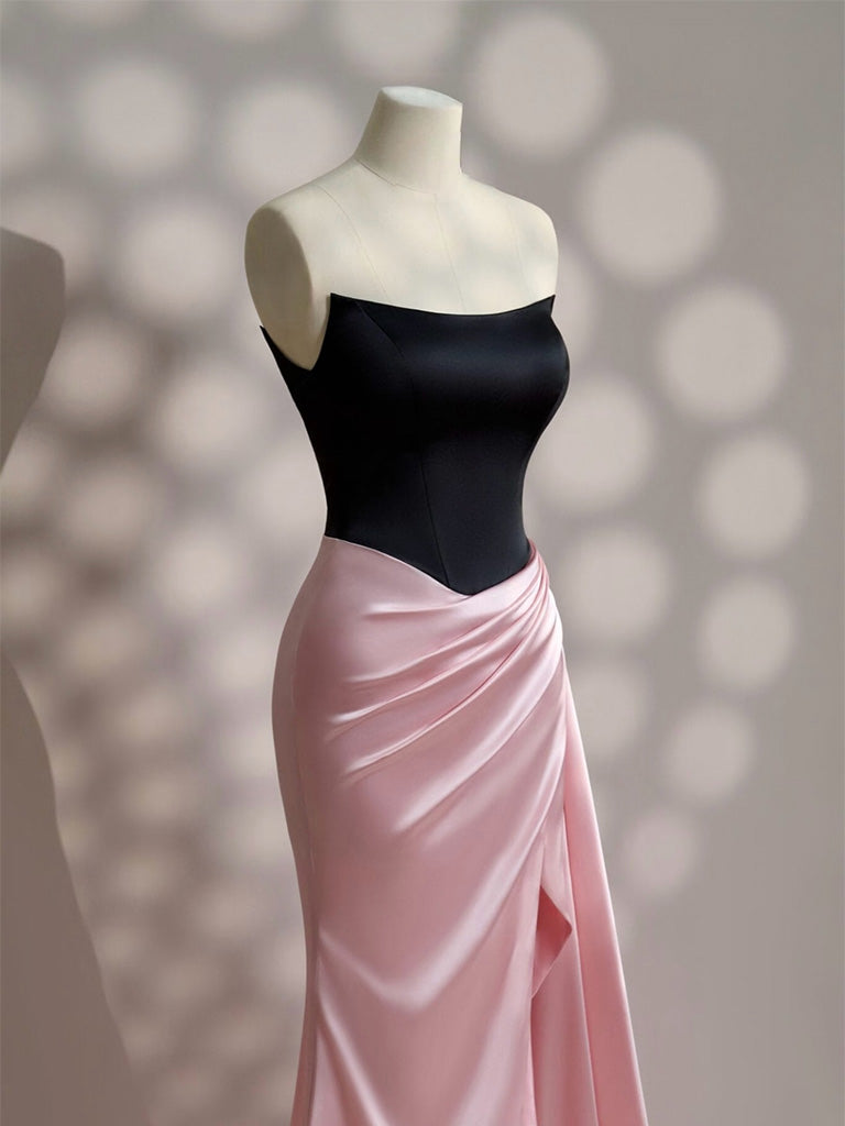 Simple Slit Pleated Mermaid Satin Sweep Train Pink Long Formal Prom Dress